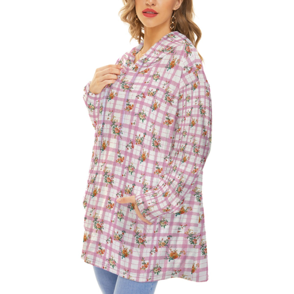 Vampire Art Retro Cosy Hooded Unisex Flannel Plush Fleece Blanket With Pocket - Pink Cottagecore Floral Gingham