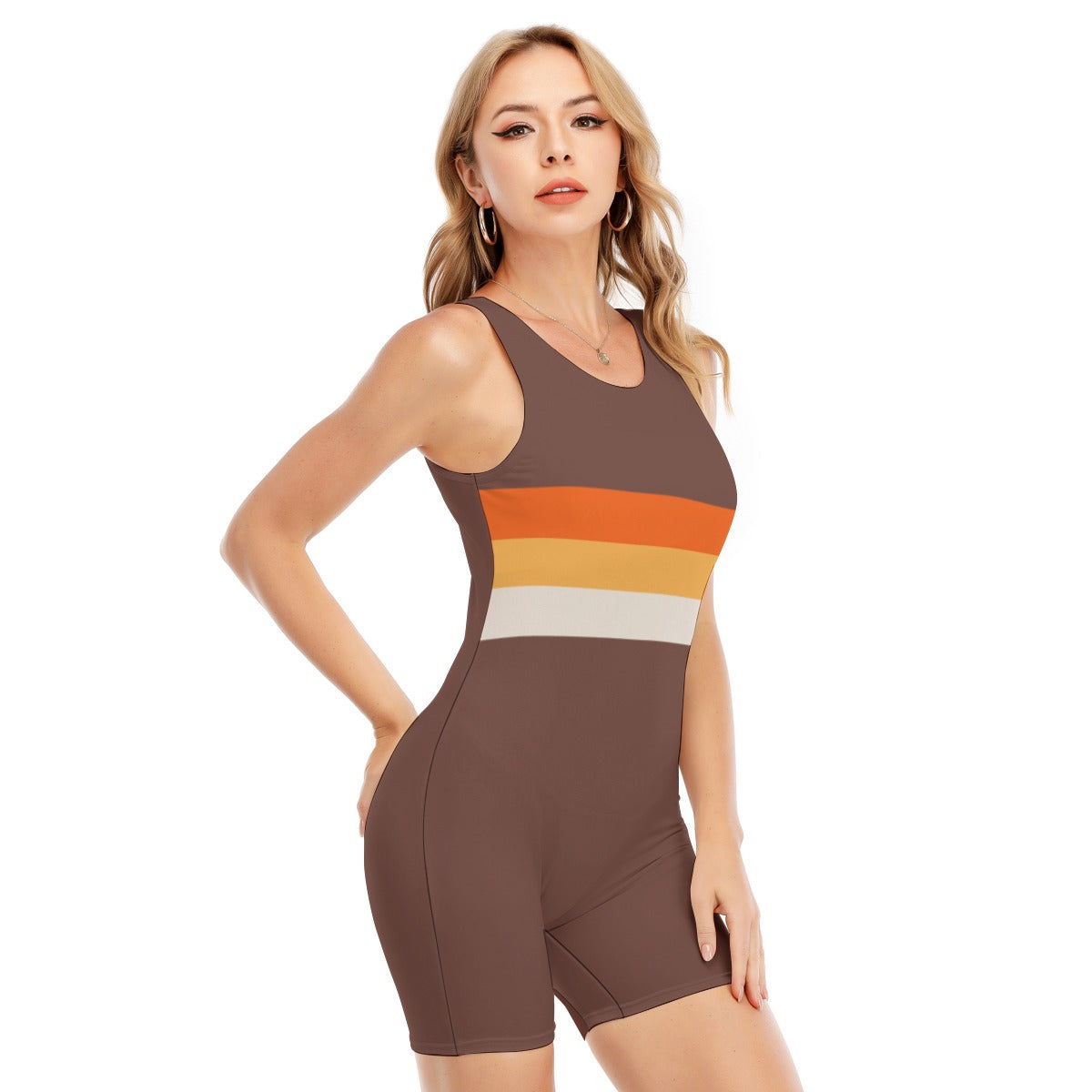 Vampire Art Women's Retro Striped Sleeveless One-piece Boyleg Swimsuit - Mod Brown