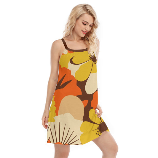 Vampire Art Retro Bold Sixties Florals Sleeveless Cami Dress - Yellows and Browns