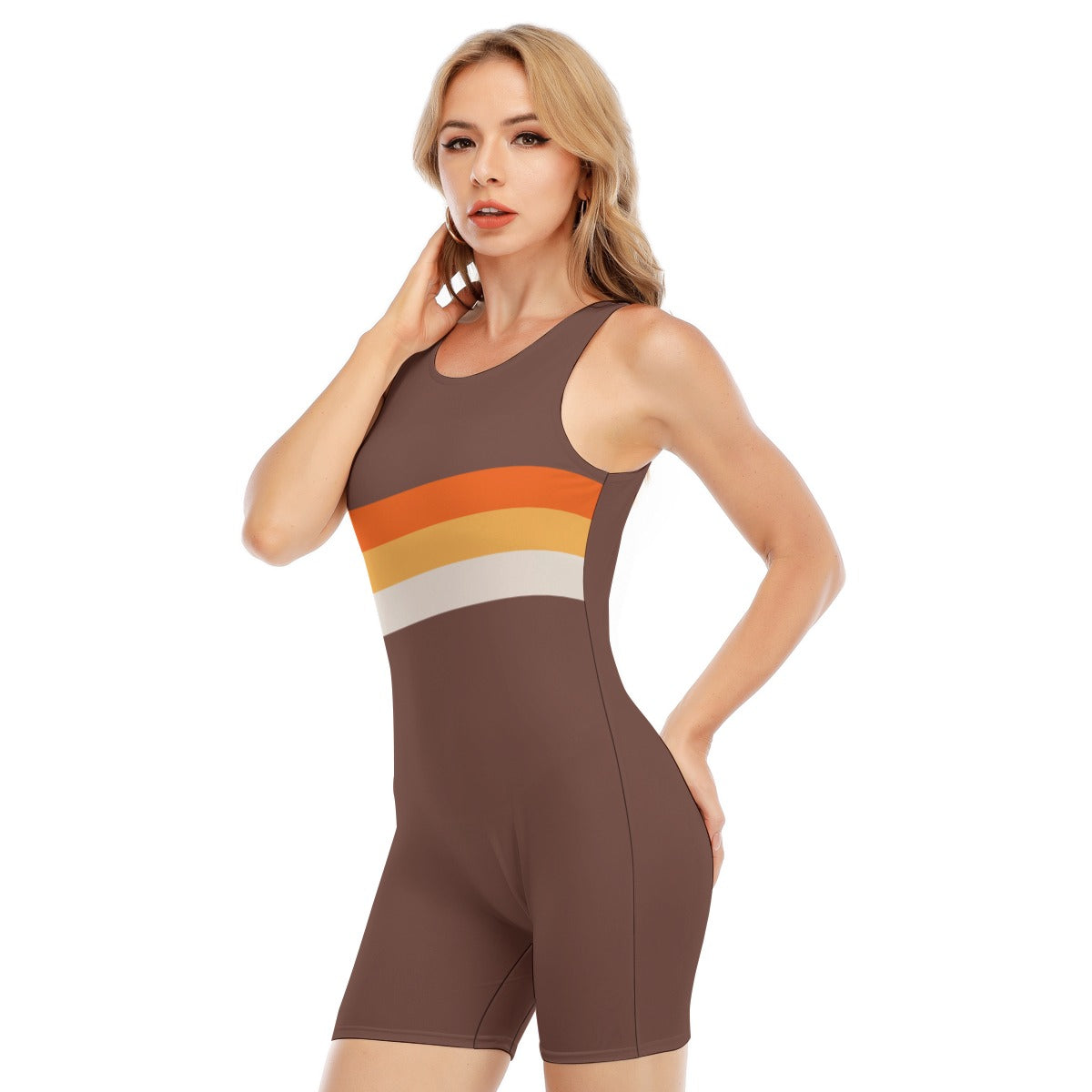 Vampire Art Women's Retro Striped Sleeveless One-piece Boyleg Swimsuit - Mod Brown