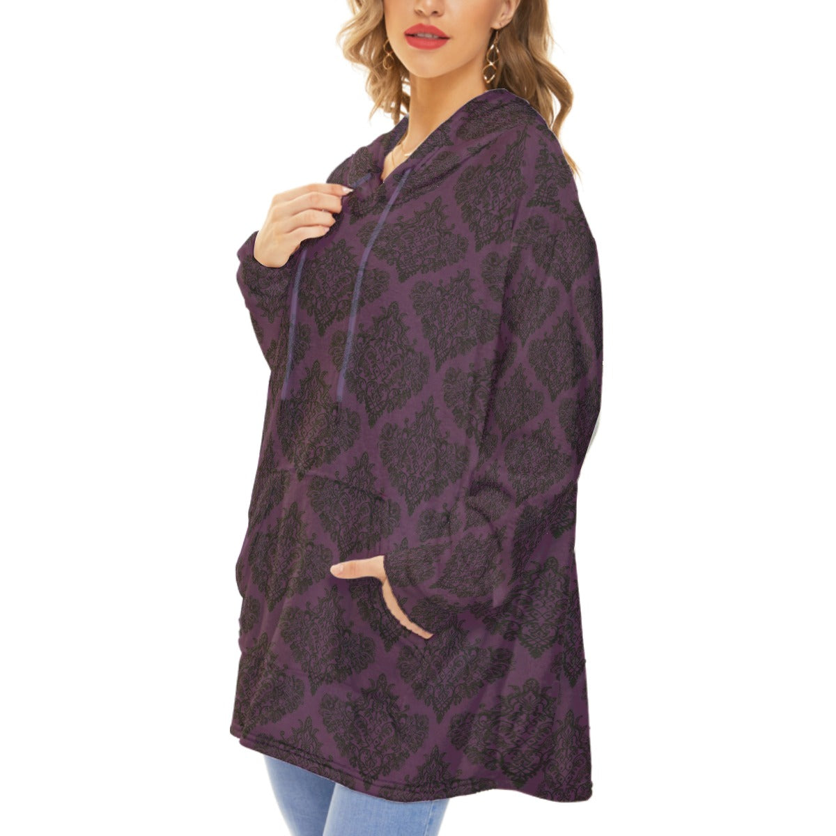 Vampire Art Retro Cosy Hooded Unisex Flannel Plush Fleece Blanket With Pocket - Purple Goth Lace