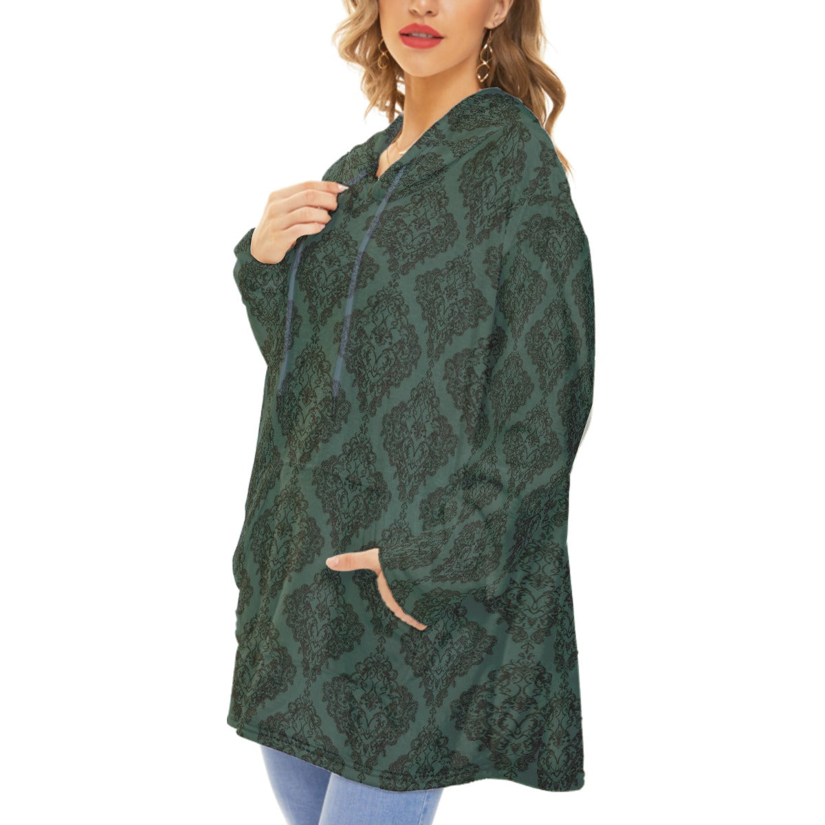 Vampire Art Retro Cosy Hooded Unisex Flannel Plush Fleece Blanket With Pocket - Green Goth Lace