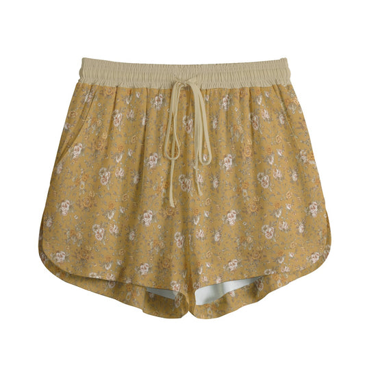 Vampire Art Retro Floral Women's Shorts With Drawstring | Rayon - Khaki