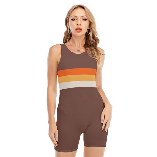 Vampire Art Women's Retro Striped Sleeveless One-piece Boyleg Swimsuit - Mod Brown