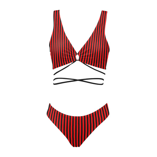 Vampire Art Retro Cross String Bikini Set - Black and Red Stripy