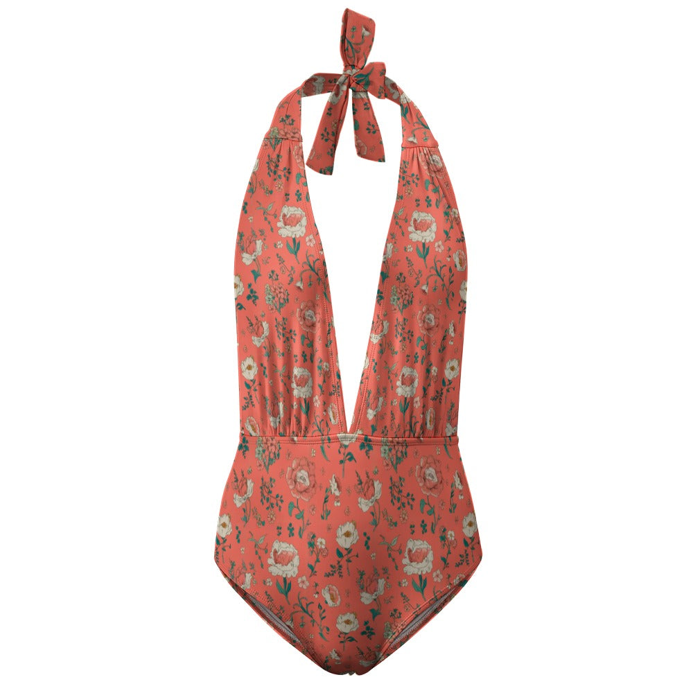 Vampire Art Retro Floral Romance Halter Plunge One-Piece Swimsuit - Coral