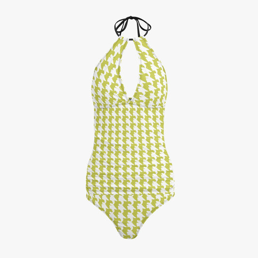 Vampire Art Retro Halter Two-Piece Tankini Swimsuit - Pear Green Houndstooth