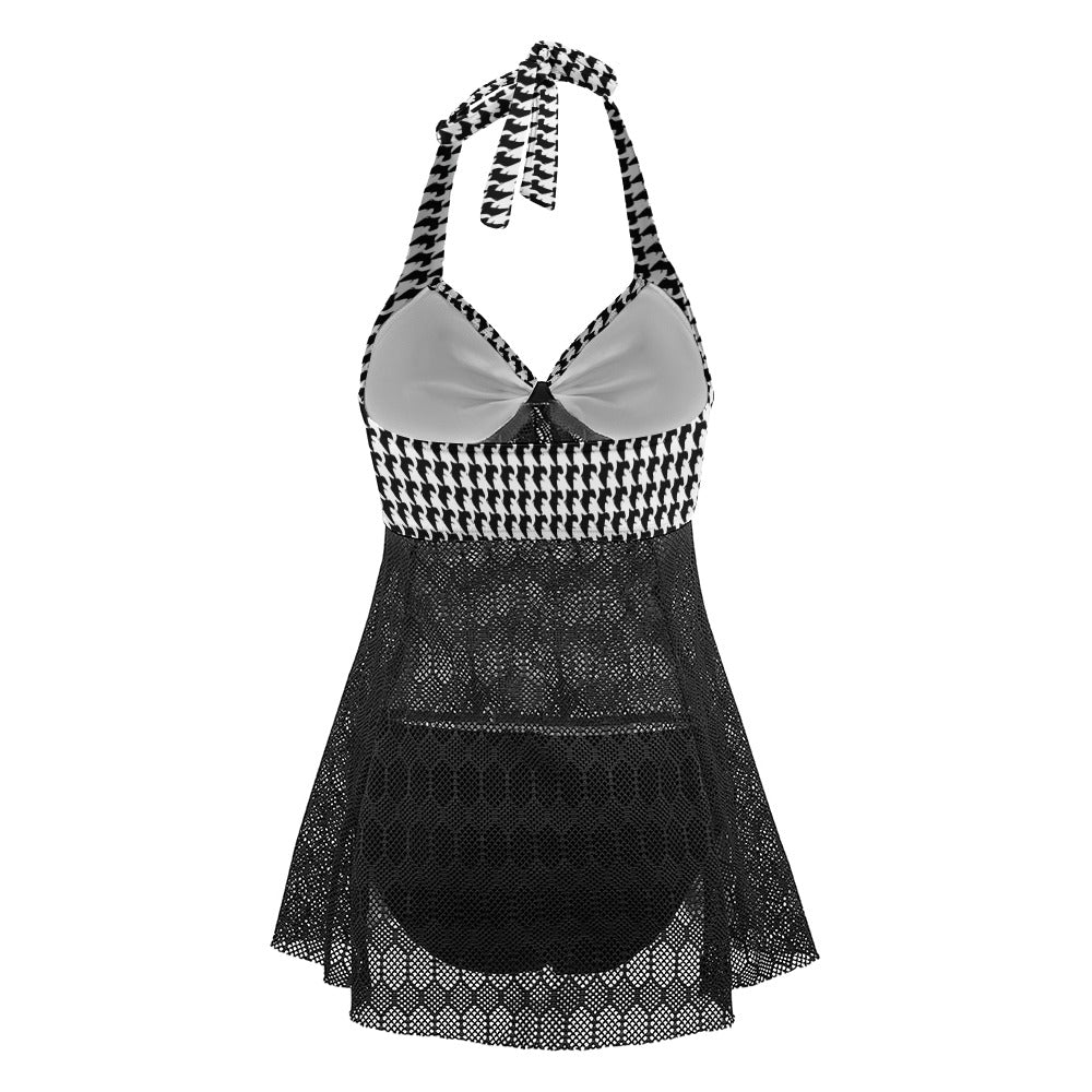 Vampire Art Goth Halter Two Piece Mesh Tankini Swimsuit - Retro Houndstooth