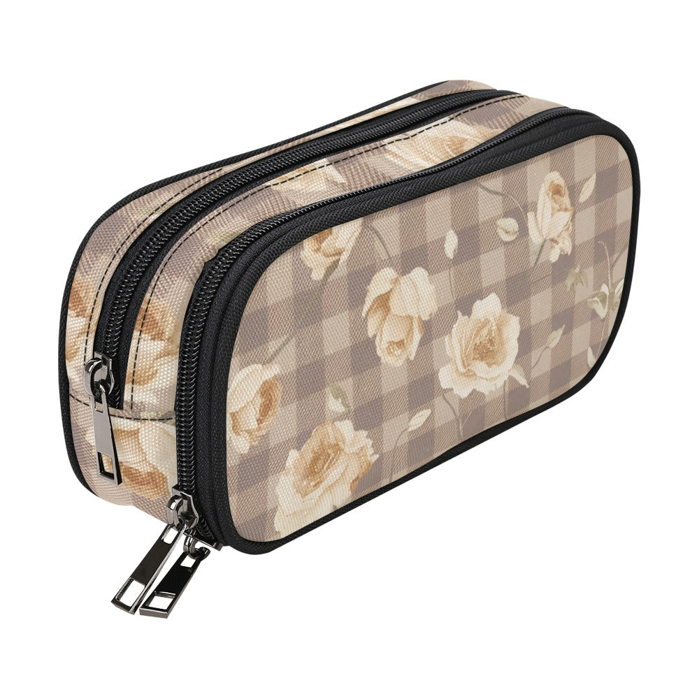 Vampire Art Studio Caddy: Deluxe Pencil Pouch - Brown Khaki Floral Cottagecore Gingham