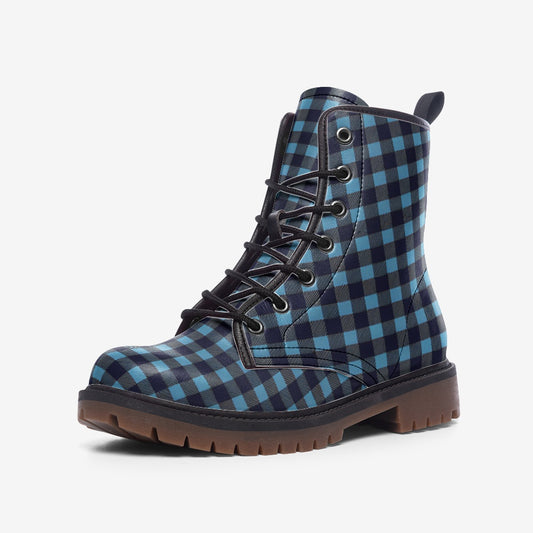 Vampire Art Tartan Grunge Unisex Vegan Leather Combat Boots - Black and Blue Plaid - US size