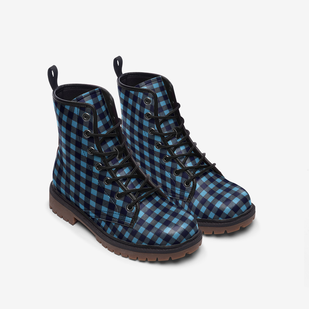 Vampire Art Tartan Grunge Unisex Vegan Leather Combat Boots - Black and Blue Plaid - US size