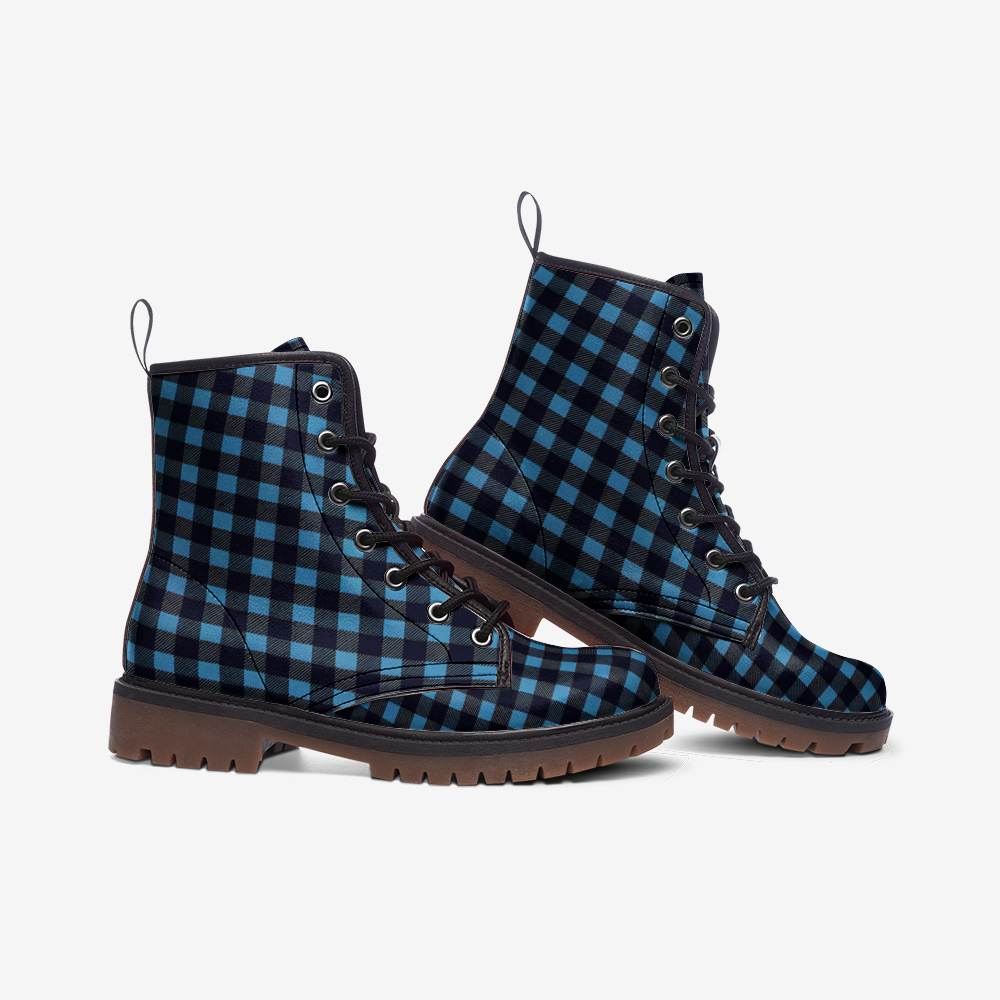 Vampire Art Tartan Grunge Unisex Vegan Leather Combat Boots - Black and Blue Plaid - US size