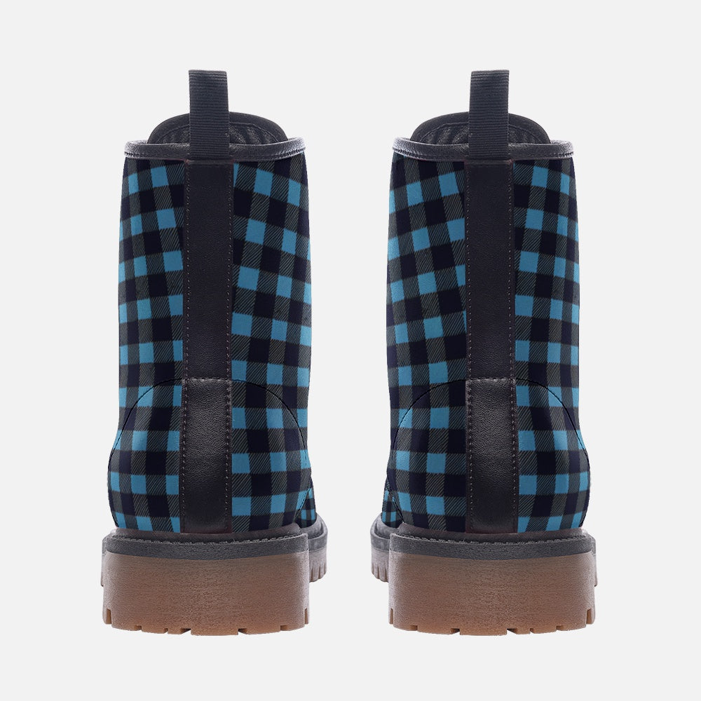 Vampire Art Tartan Grunge Unisex Vegan Leather Combat Boots - Black and Blue Plaid - US size