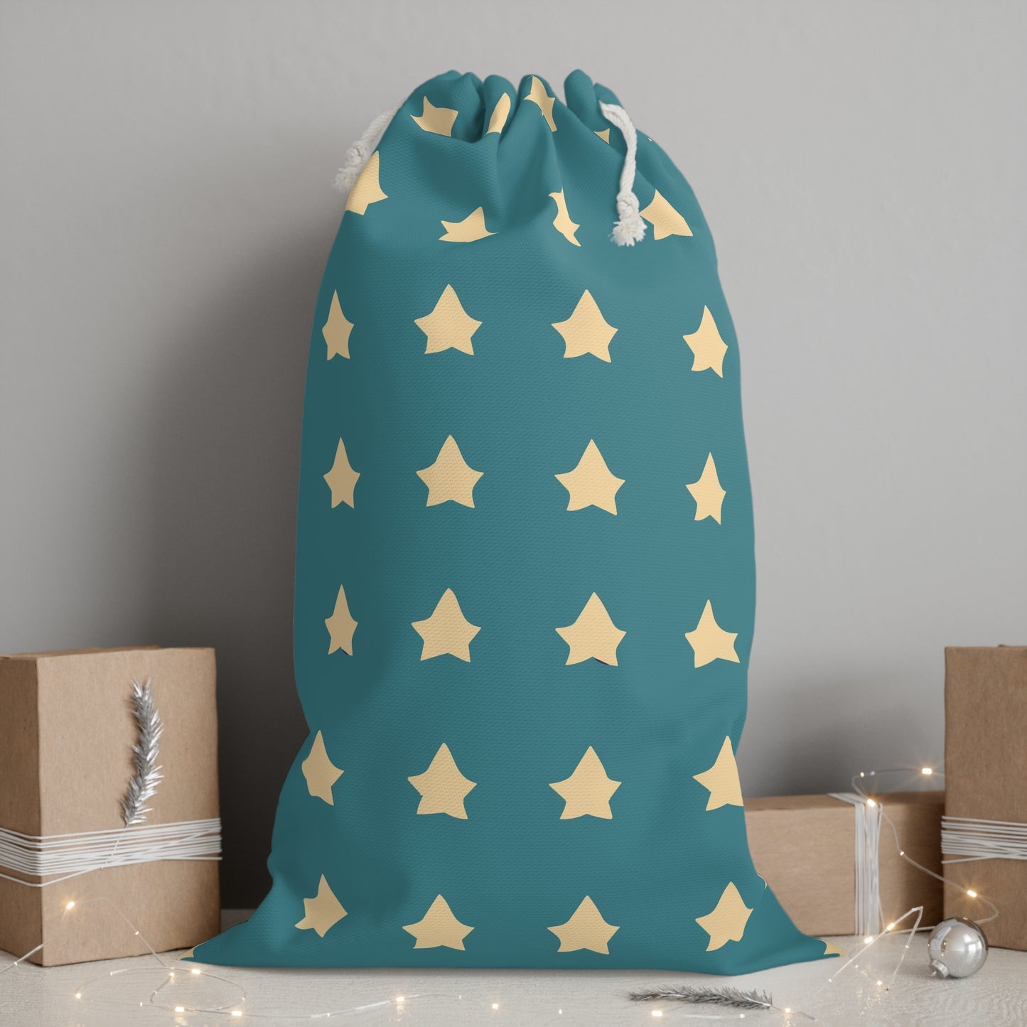 Vampire Art Vintage Sixties Cream Retro Christmas Stars Against a Blue Background Santa Presents Sack