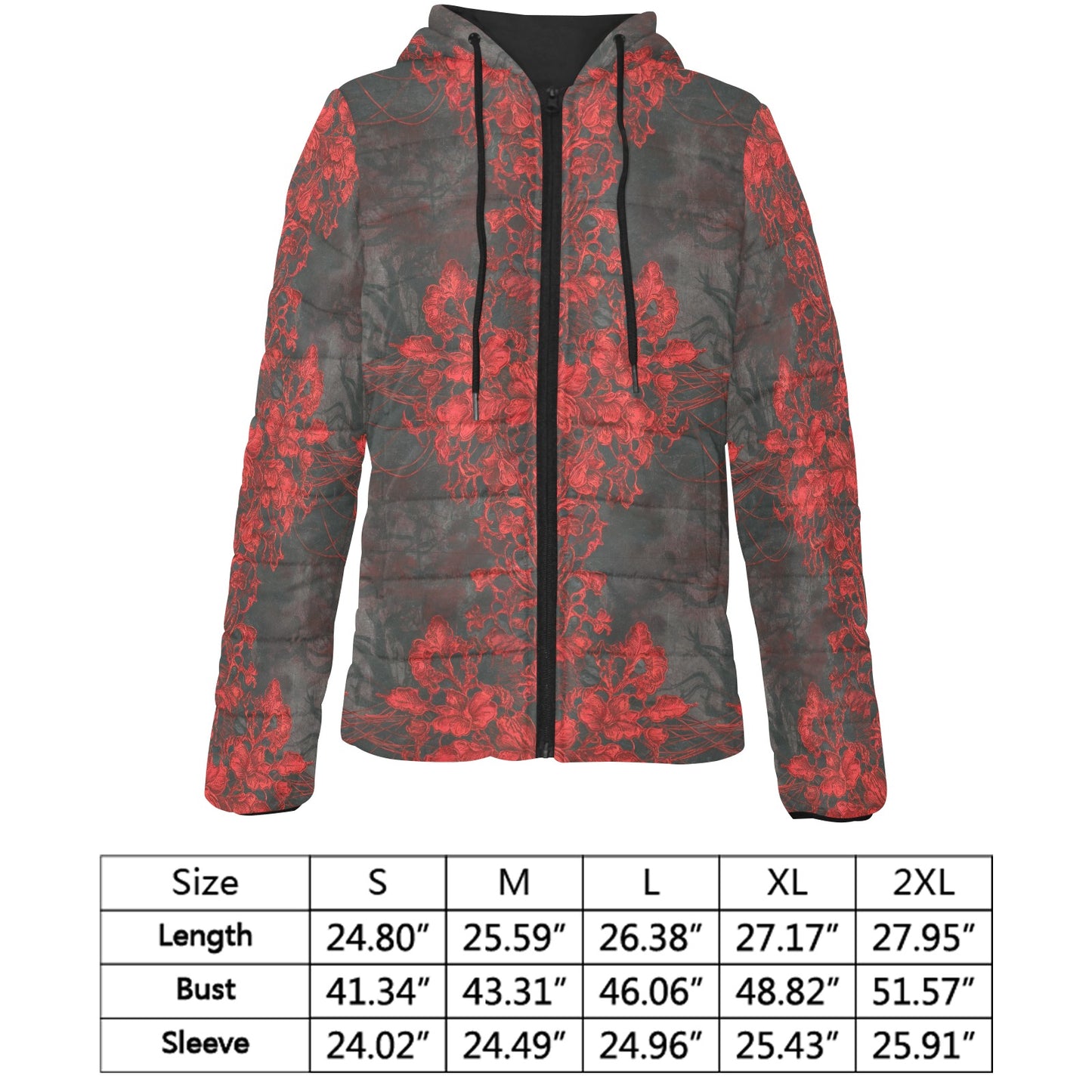 Vampire Art Urban Gothic Women's Padded Hooded Jacket - Grunge Charcoal and Red Lace