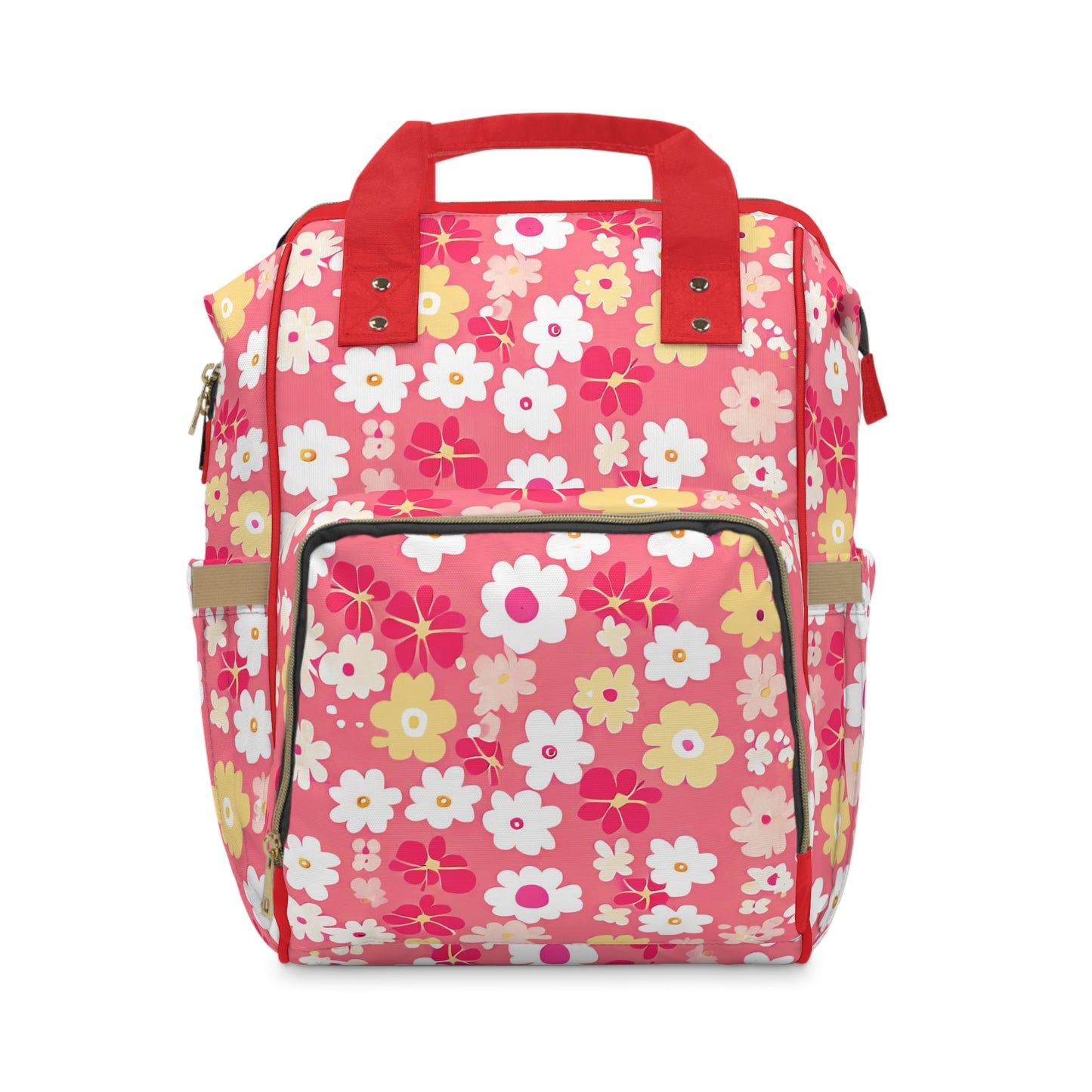 Vampire Art Multifunctional Baby Diaper Backpack Changing Bag - Seventies Flowers Red and Pink