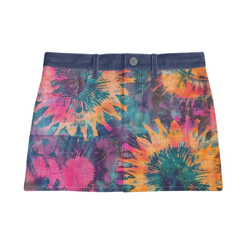 Vampire Art Boho Festival Tie-Dye Mini Denim Skirt - Celestial Rose