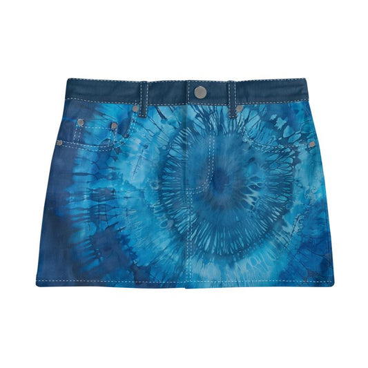 Vampire Art Boho Festival Tie-Dye Mini Denim Skirt - Deep Blue