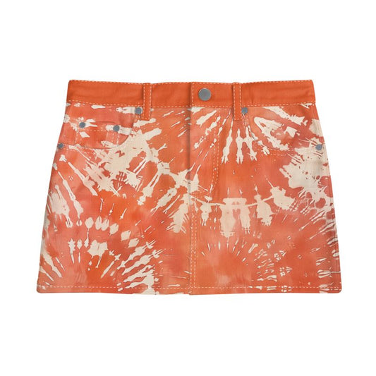 Vampire Art Boho Festival Tie-Dye Mini Denim Skirt - Coral
