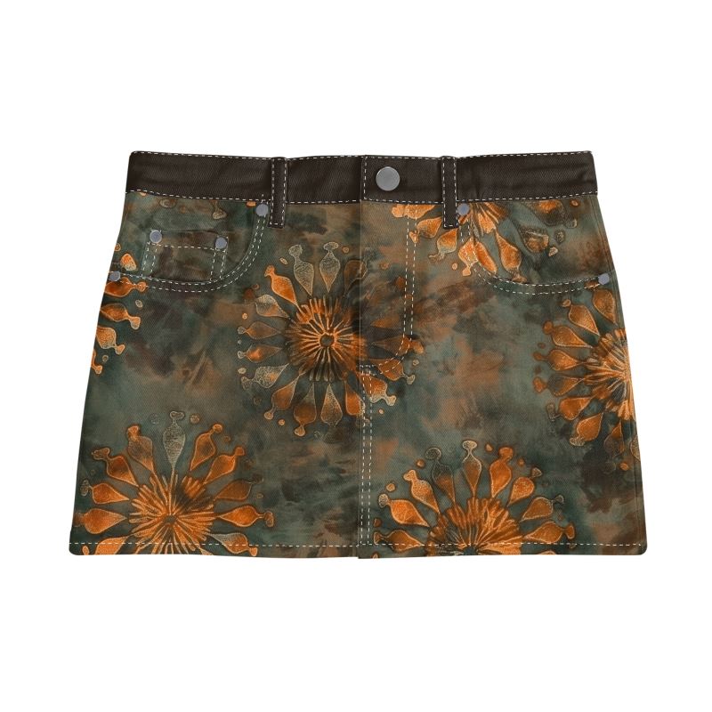 Vampire Art Boho Festival Tie-Dye Mini Denim Skirt - Charcoal with Orange