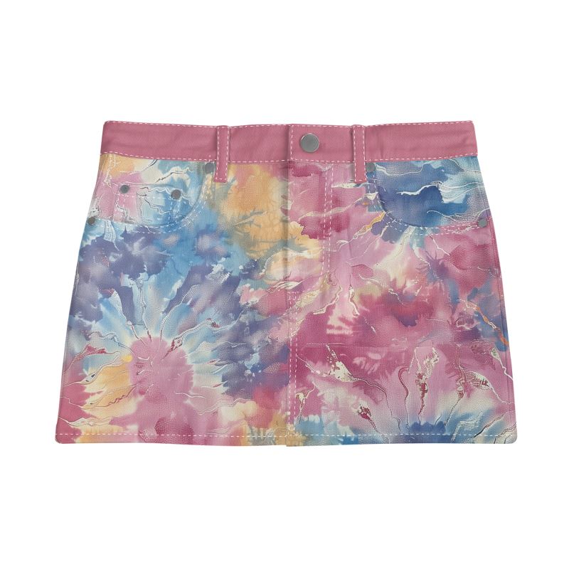 Vampire Art Boho Festival Tie-Dye Mini Denim Skirt - Candy Floss