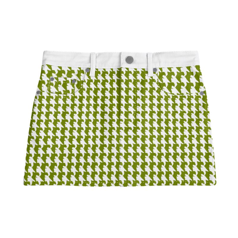 Vampire Art Retro Charm Mini Denim Skirt - Green Houndstooth