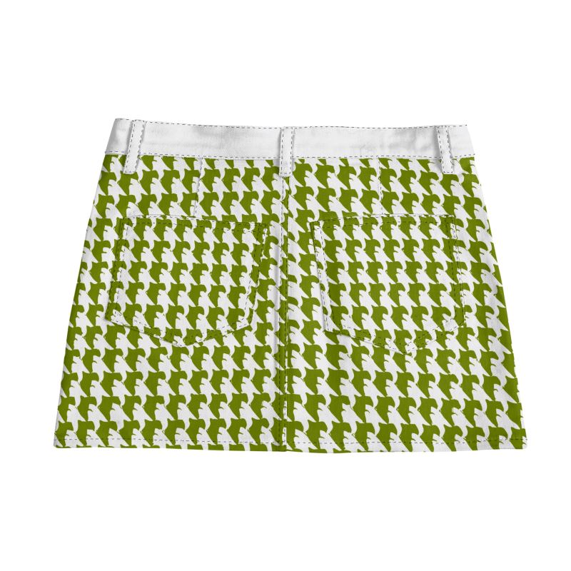 Vampire Art Retro Charm Mini Denim Skirt - Green Houndstooth