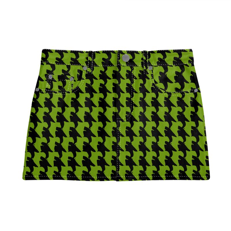 Vampire Art Retro Charm Mini Denim Skirt - Houndstooth in Black and Green