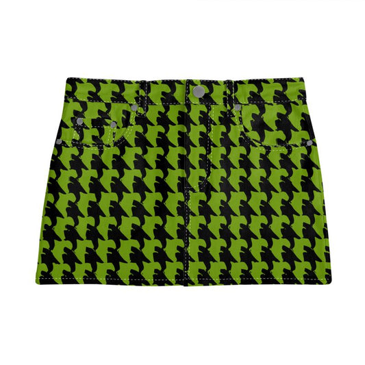 Vampire Art Retro Charm Mini Denim Skirt - Houndstooth in Black and Green