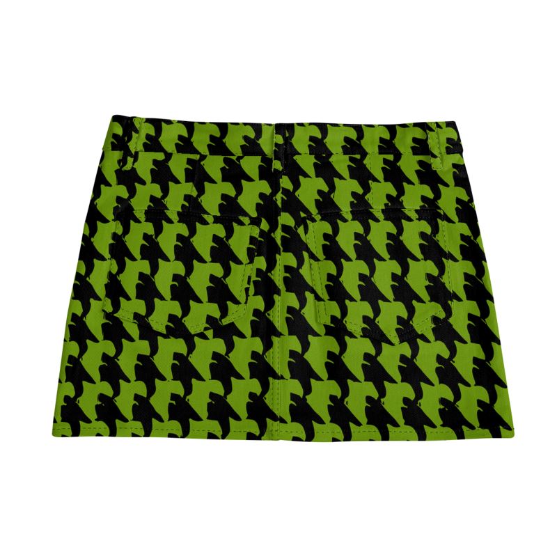 Vampire Art Retro Charm Mini Denim Skirt - Houndstooth in Black and Green