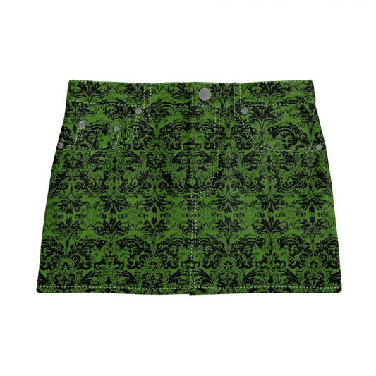 Vampire Art Retro Charm Mini Denim Skirt - Goth Damask in Green