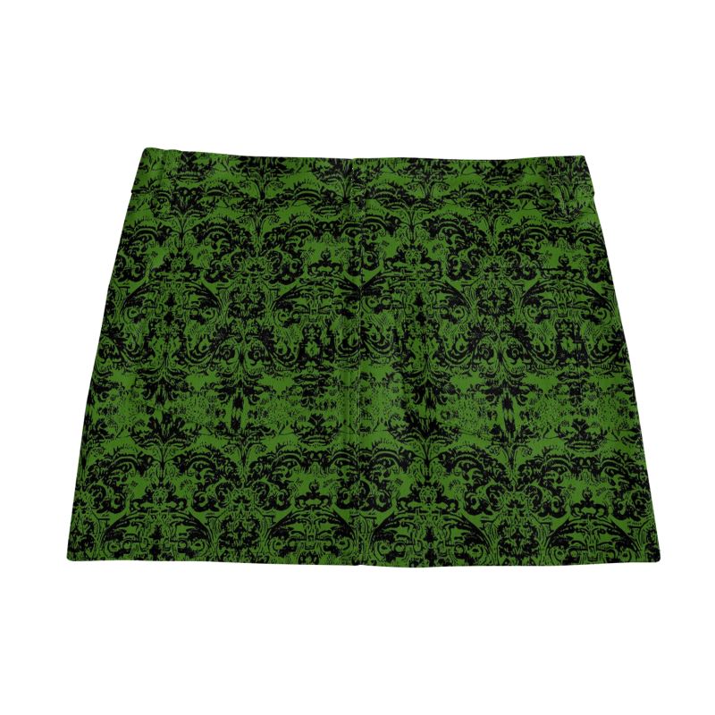 Vampire Art Retro Charm Mini Denim Skirt - Goth Damask in Green