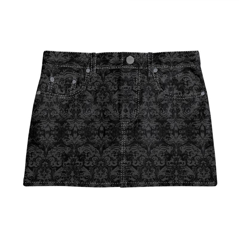 Vampire Art Retro Charm Mini Denim Skirt - Grunge Damask in Black