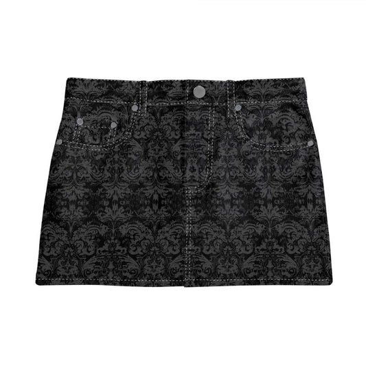 Vampire Art Retro Charm Mini Denim Skirt - Grunge Damask in Black