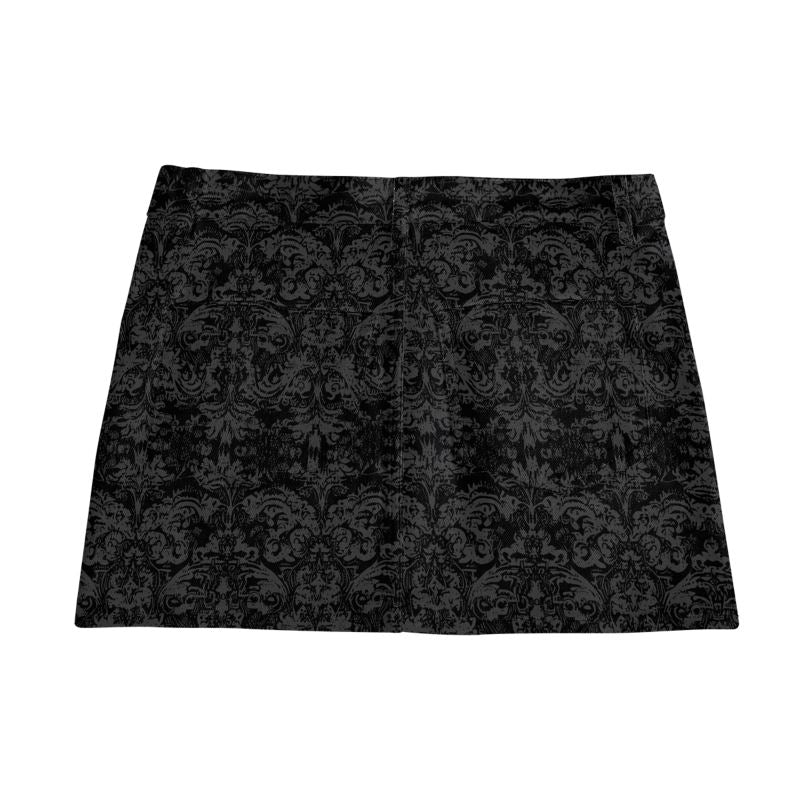 Vampire Art Retro Charm Mini Denim Skirt - Grunge Damask in Black