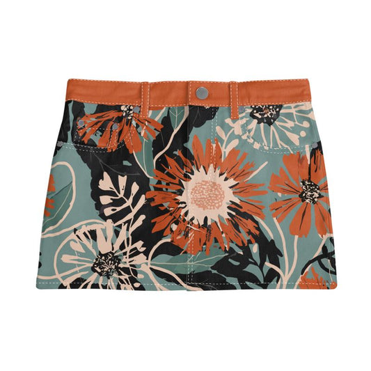 Vampire Art Retro Charm Mini Denim Skirt - Grunge Surfy Rusty Flowers