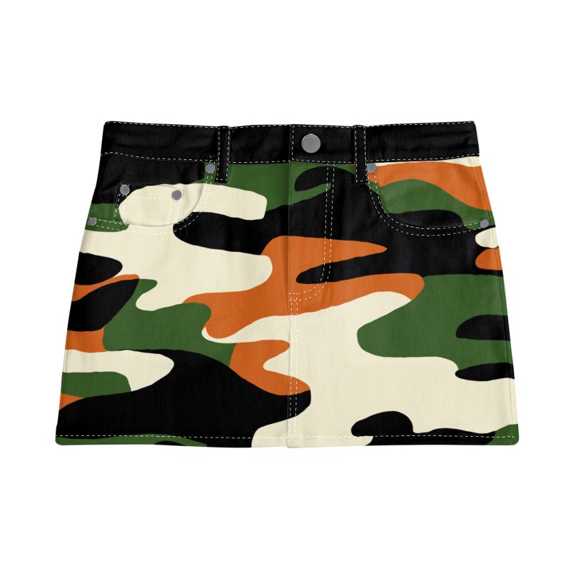 Vampire Art Retro Charm Mini Denim Skirt - 1980s Camo with Orange