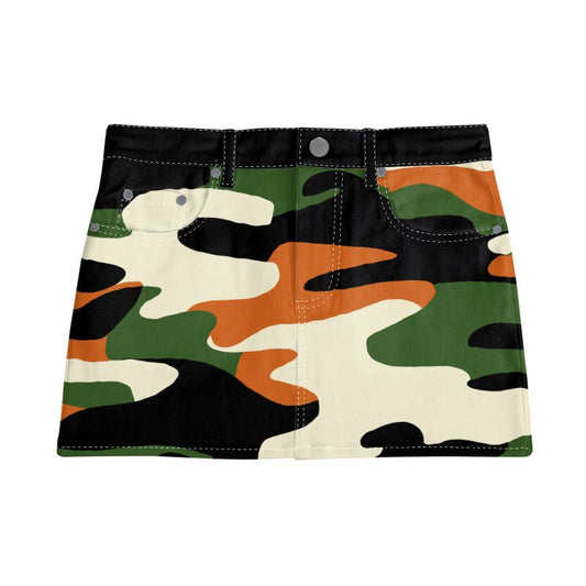 Vampire Art Retro Charm Mini Denim Skirt - 1980s Camo with Orange