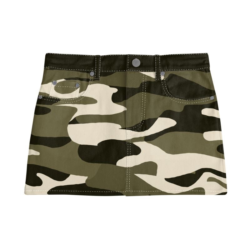 Vampire Art Retro Charm Mini Denim Skirt - 1980s Camo with Olive Green