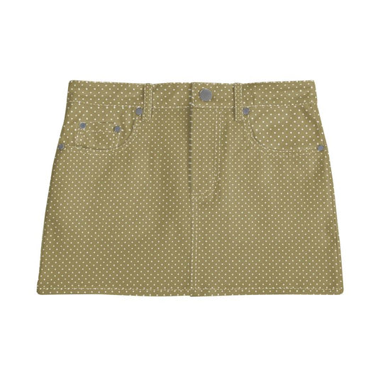 Vampire Art Retro Charm Mini Denim Skirt - Olive Spotty