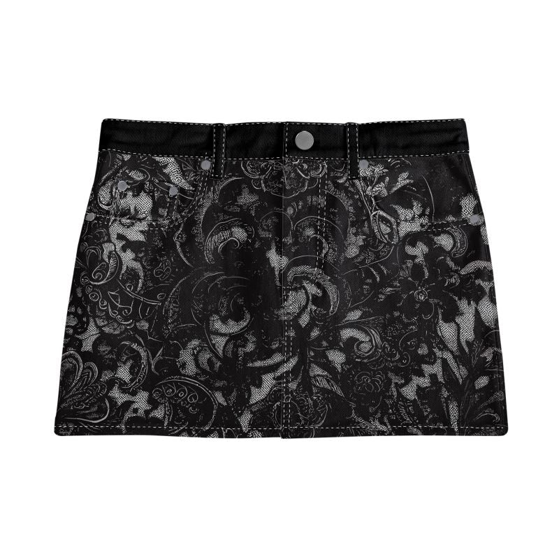 Vampire Art Retro Charm Mini Denim Skirt - Black Lace Print