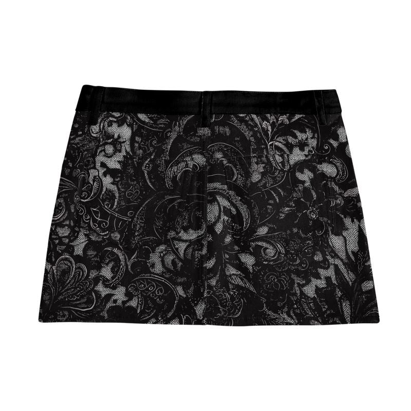 Vampire Art Retro Charm Mini Denim Skirt - Black Lace Print