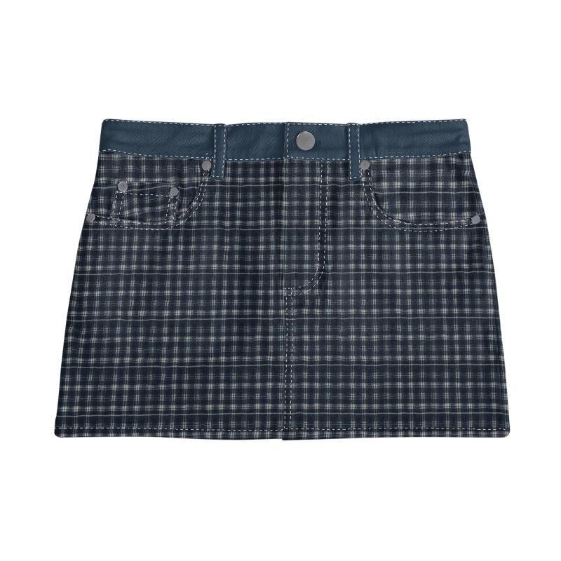 Vampire Art Retro Charm Mini Denim Skirt - Blue Tartan