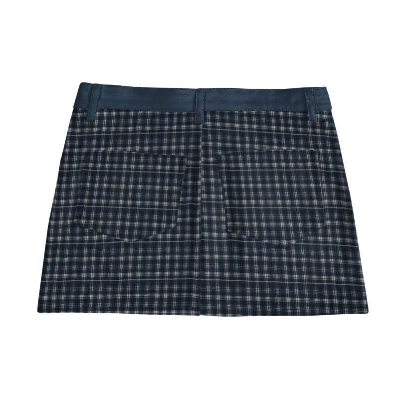 Vampire Art Retro Charm Mini Denim Skirt - Blue Tartan