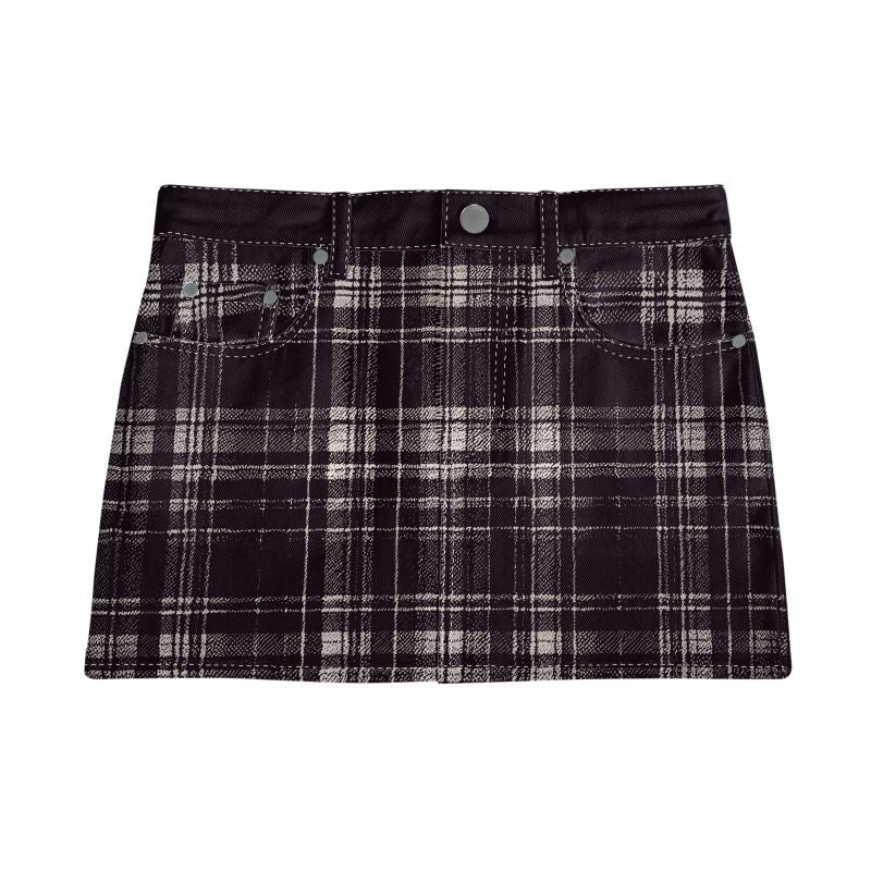 Vampire Art Retro Charm Mini Denim Skirt - Black Plaid