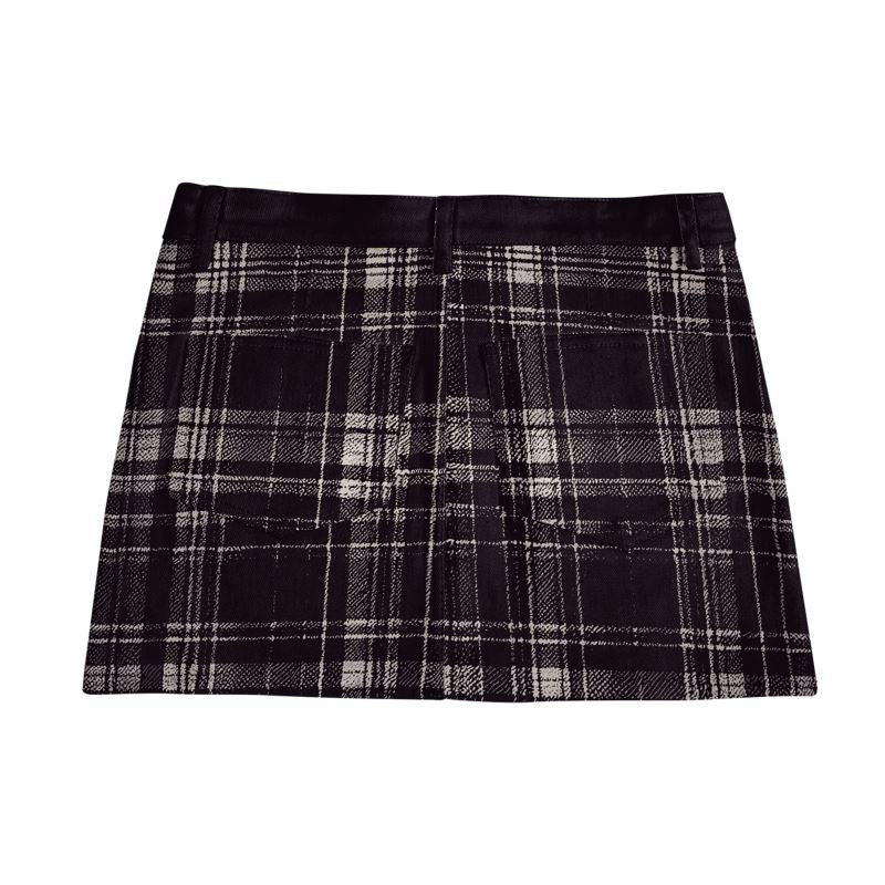 Vampire Art Retro Charm Mini Denim Skirt - Black Plaid