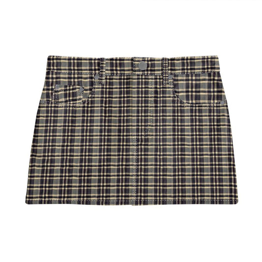 Vampire Art Retro Charm Mini Denim Skirt - Beige Tartan