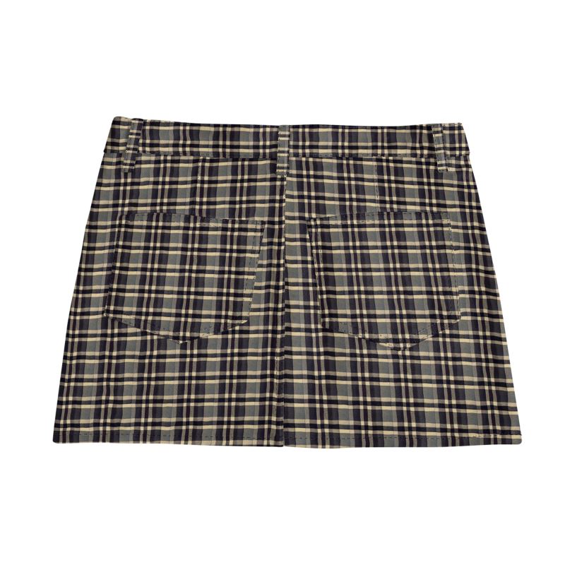 Vampire Art Retro Charm Mini Denim Skirt - Beige Tartan