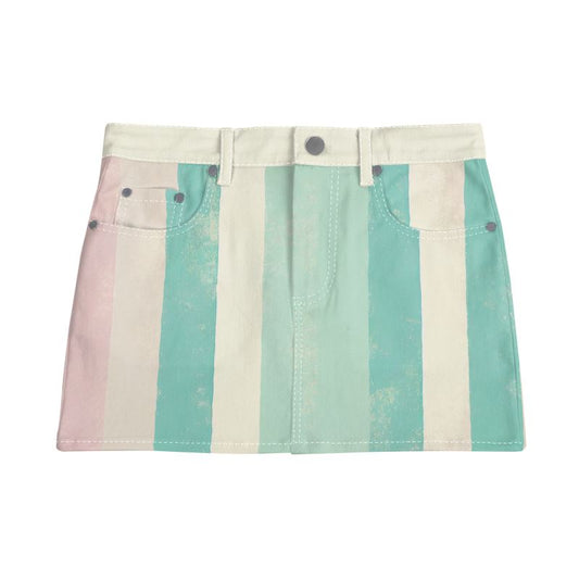 Vampire Art Retro Charm Mini Denim Skirt - Beach Hut with Pink