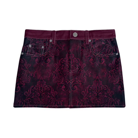 Vampire Art Retro Charm Mini Denim Skirt - Dark Purple Goth Brocade